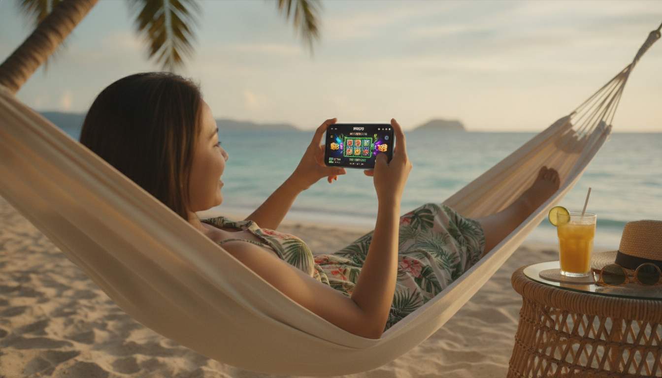Mobile gaming experience User enjoying the PH879 app on her mobile device