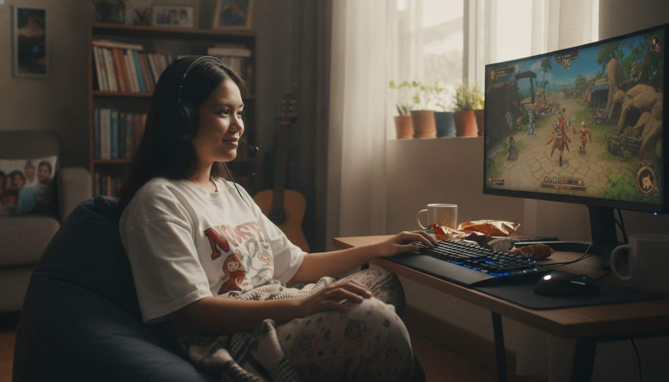 A woman enjoying an online casino game in a relaxed setting.